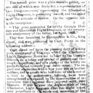 Historic Charleston Silver Goblet - Light Dragoons vs Georgia Hussars, 1856