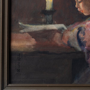 Helen Hyde - Girl Reading by Candlelight, Japanisme Watercolor, c.1900