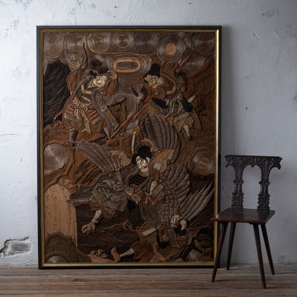 Japanese Samurai Battling Tengu Embroidered Tapestry, 19th Century