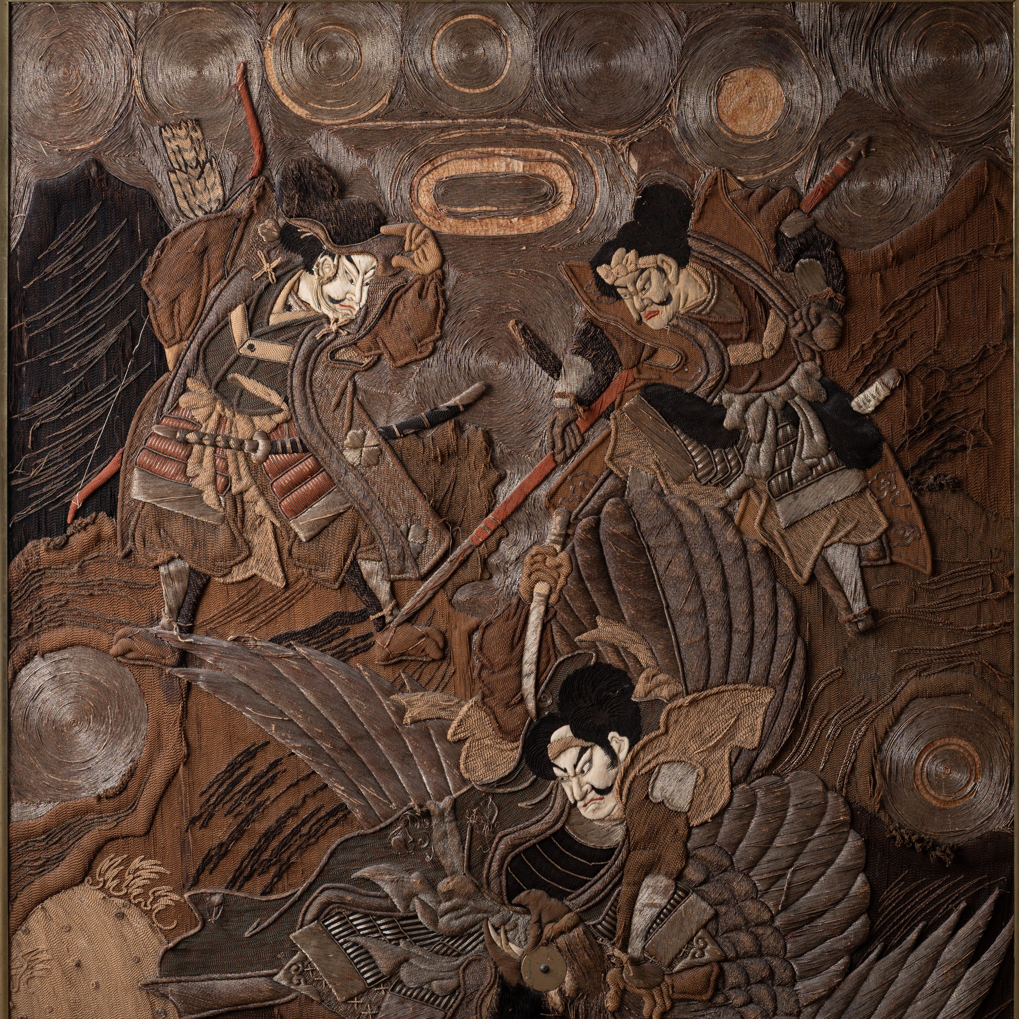Japanese Samurai Battling Tengu Embroidered Tapestry, 19th Century