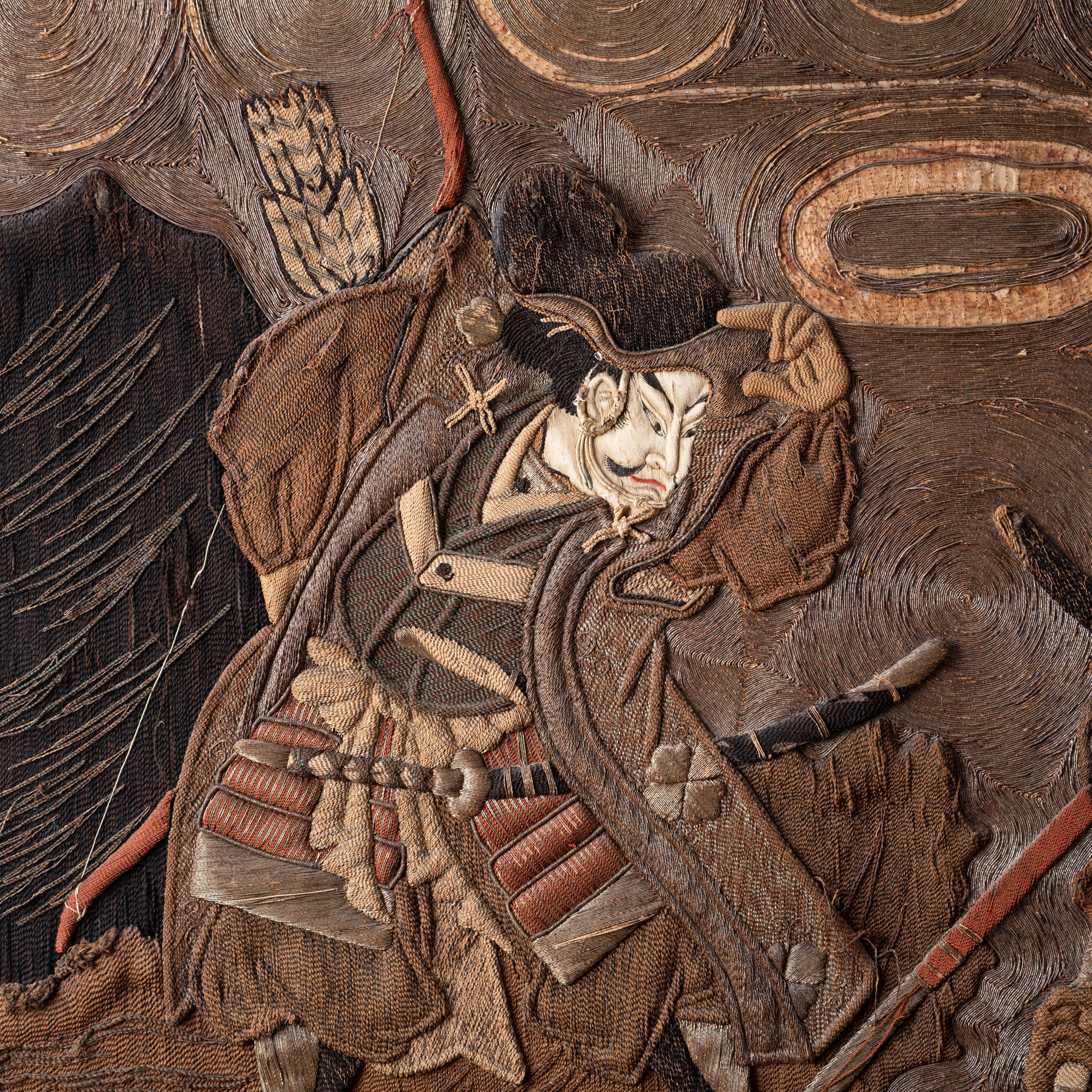 Japanese Samurai Battling Tengu Embroidered Tapestry, 19th Century