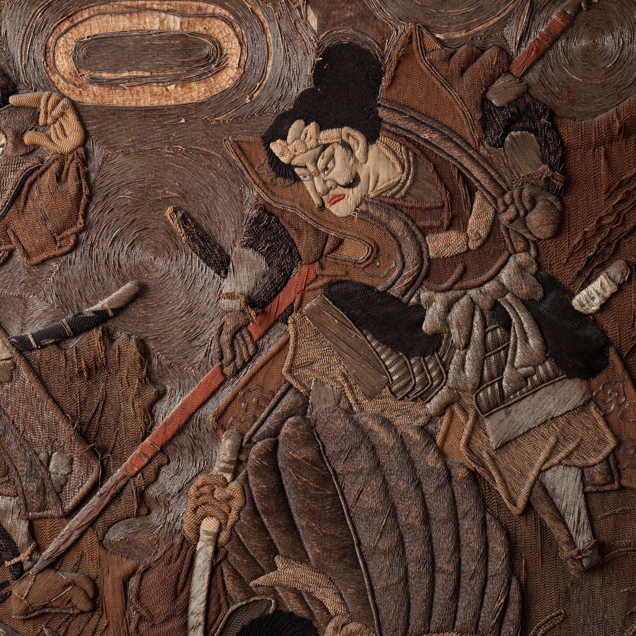 Japanese Samurai Battling Tengu Embroidered Tapestry, 19th Century