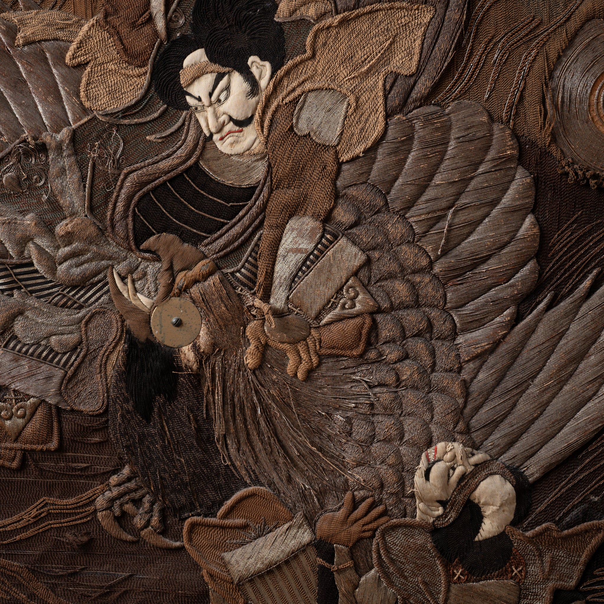 Japanese Samurai Battling Tengu Embroidered Tapestry, 19th Century