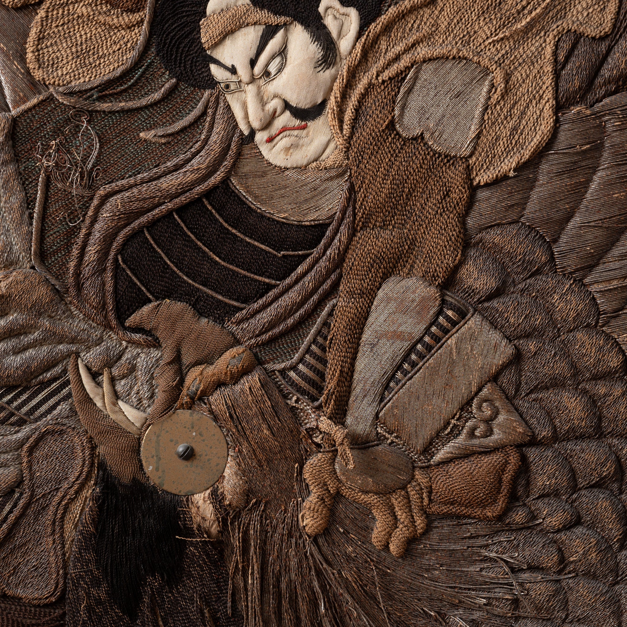 Japanese Samurai Battling Tengu Embroidered Tapestry, 19th Century