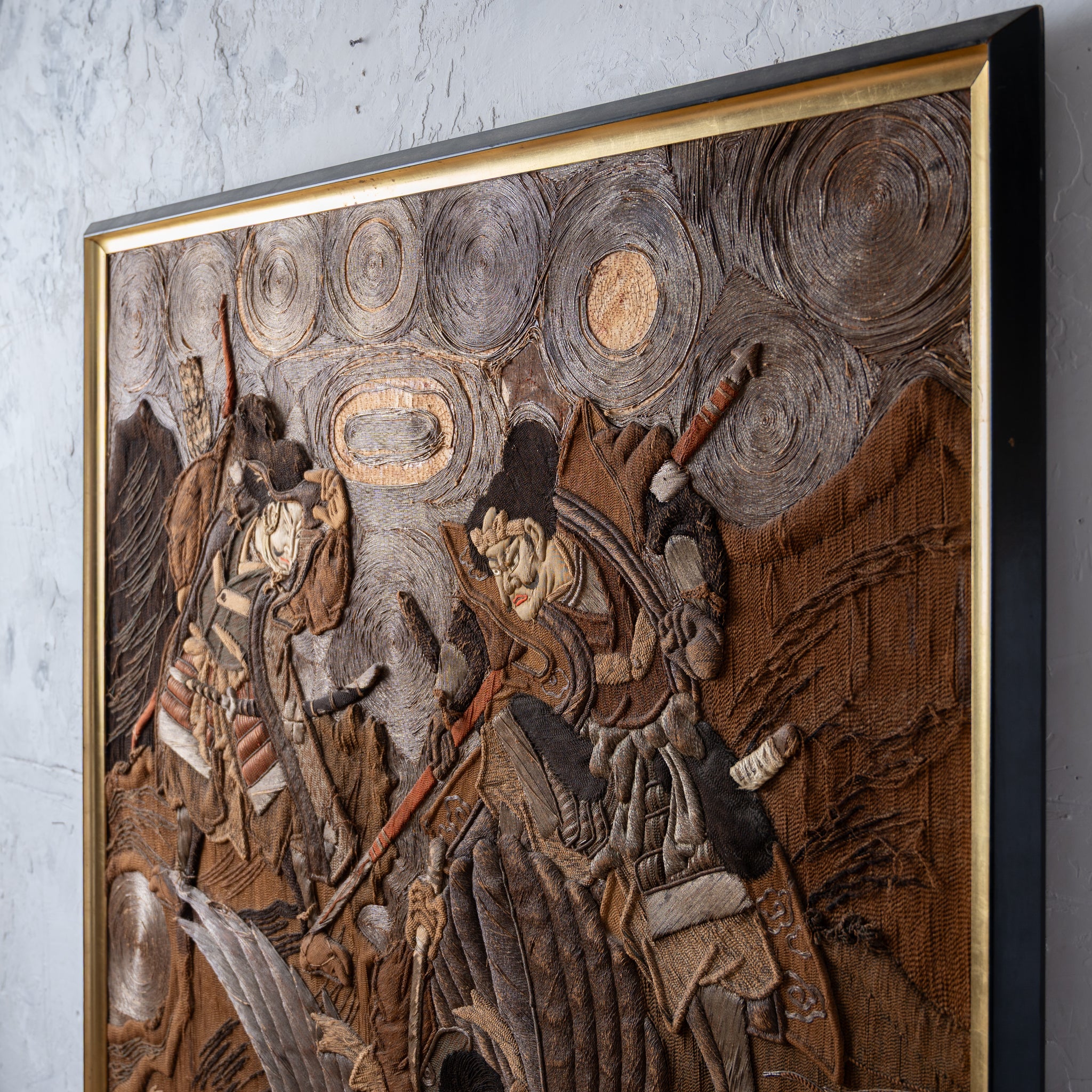 Japanese Samurai Battling Tengu Embroidered Tapestry, 19th Century