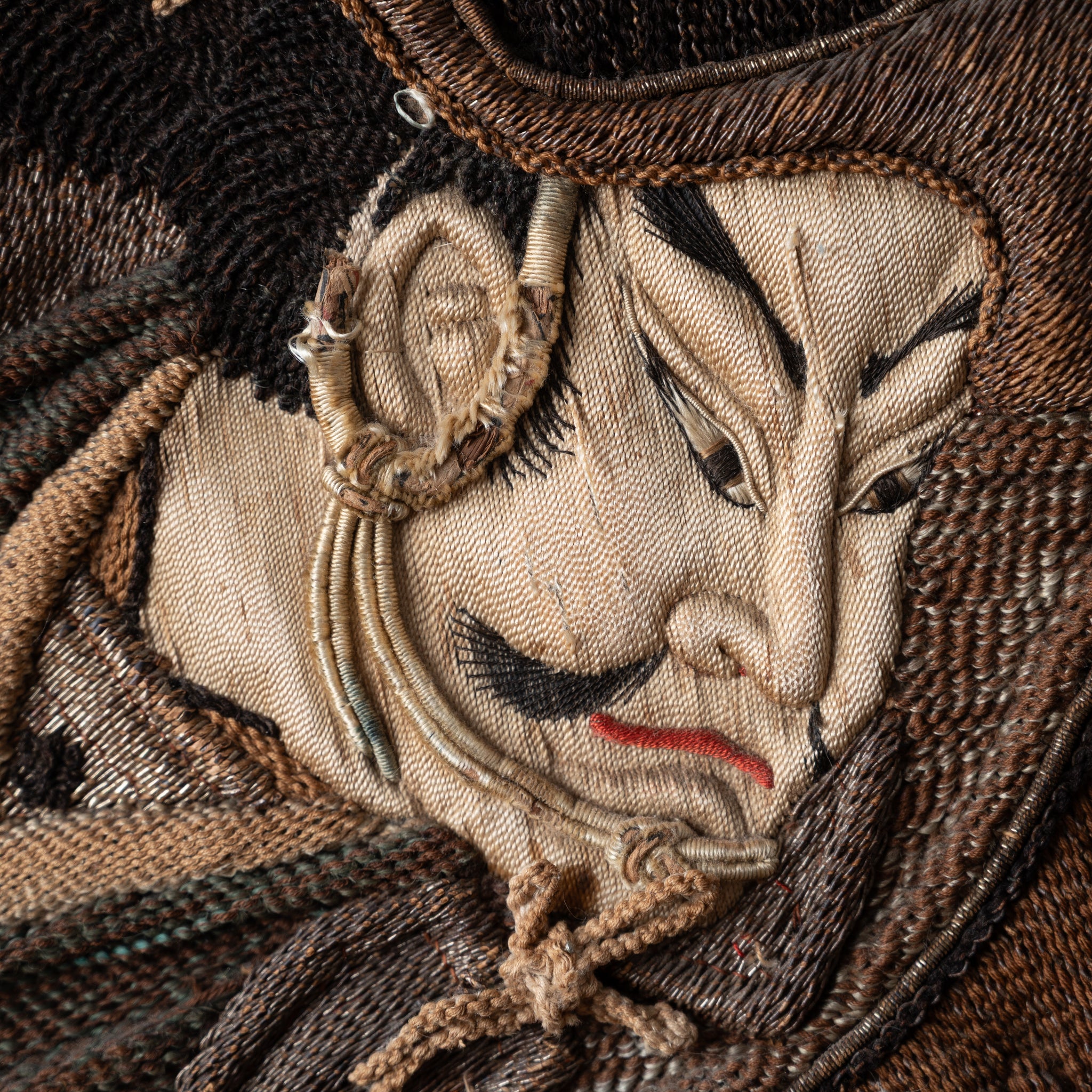 Japanese Samurai Battling Tengu Embroidered Tapestry, 19th Century