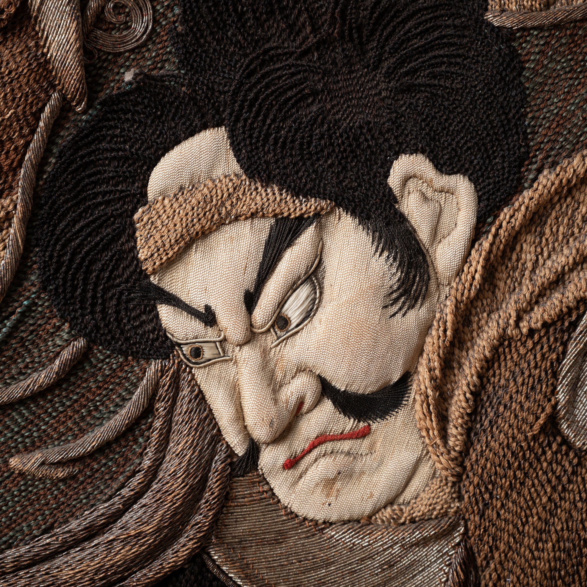 Japanese Samurai Battling Tengu Embroidered Tapestry, 19th Century