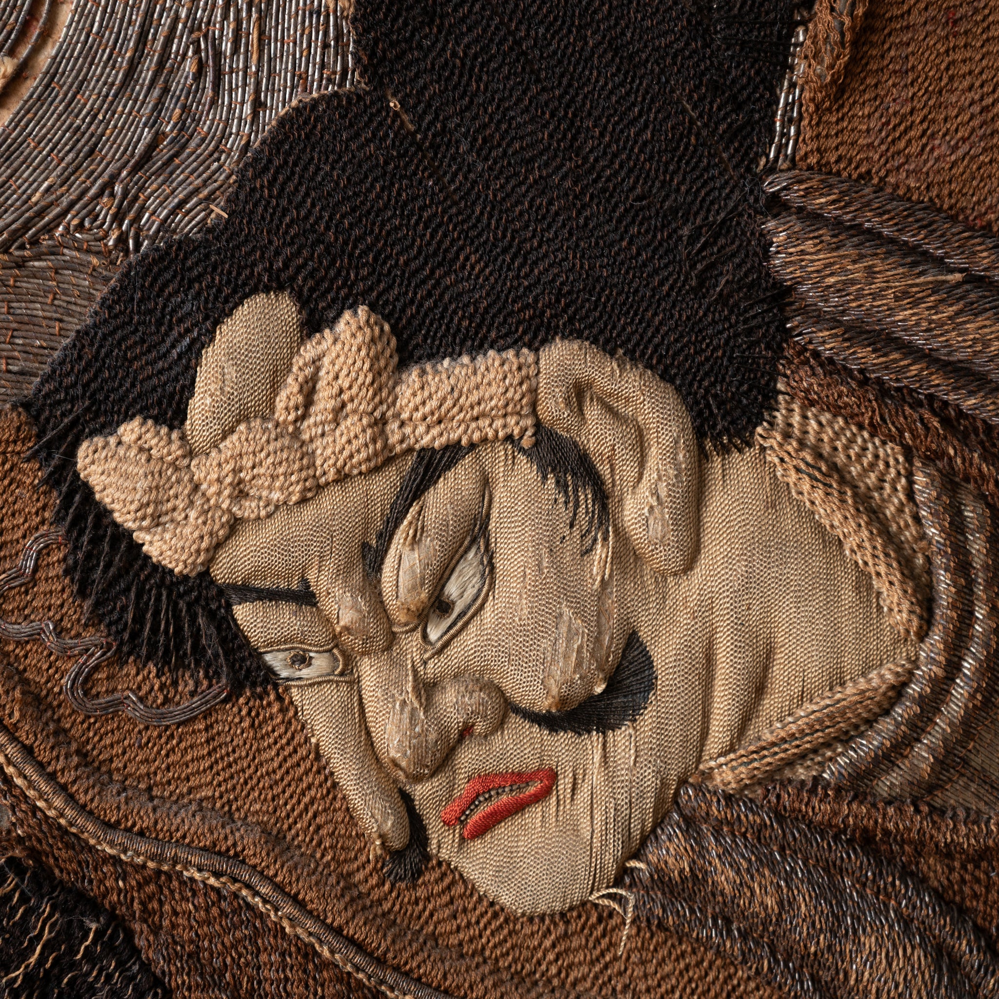Japanese Samurai Battling Tengu Embroidered Tapestry, 19th Century