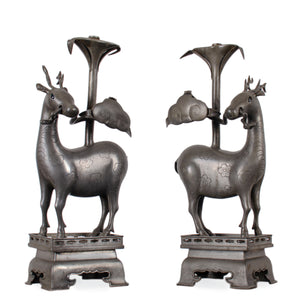 Pair of Chinese Pewter Deer-Form Candlesticks, Qing Dynasty