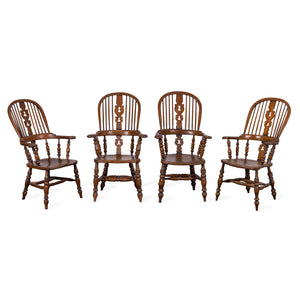 English Elm Broad Arm Windsor Armchairs, 19th Century - Set of 4