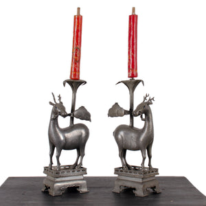 Pair of Chinese Pewter Deer-Form Candlesticks, Qing Dynasty