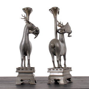 Pair of Chinese Pewter Deer-Form Candlesticks, Qing Dynasty