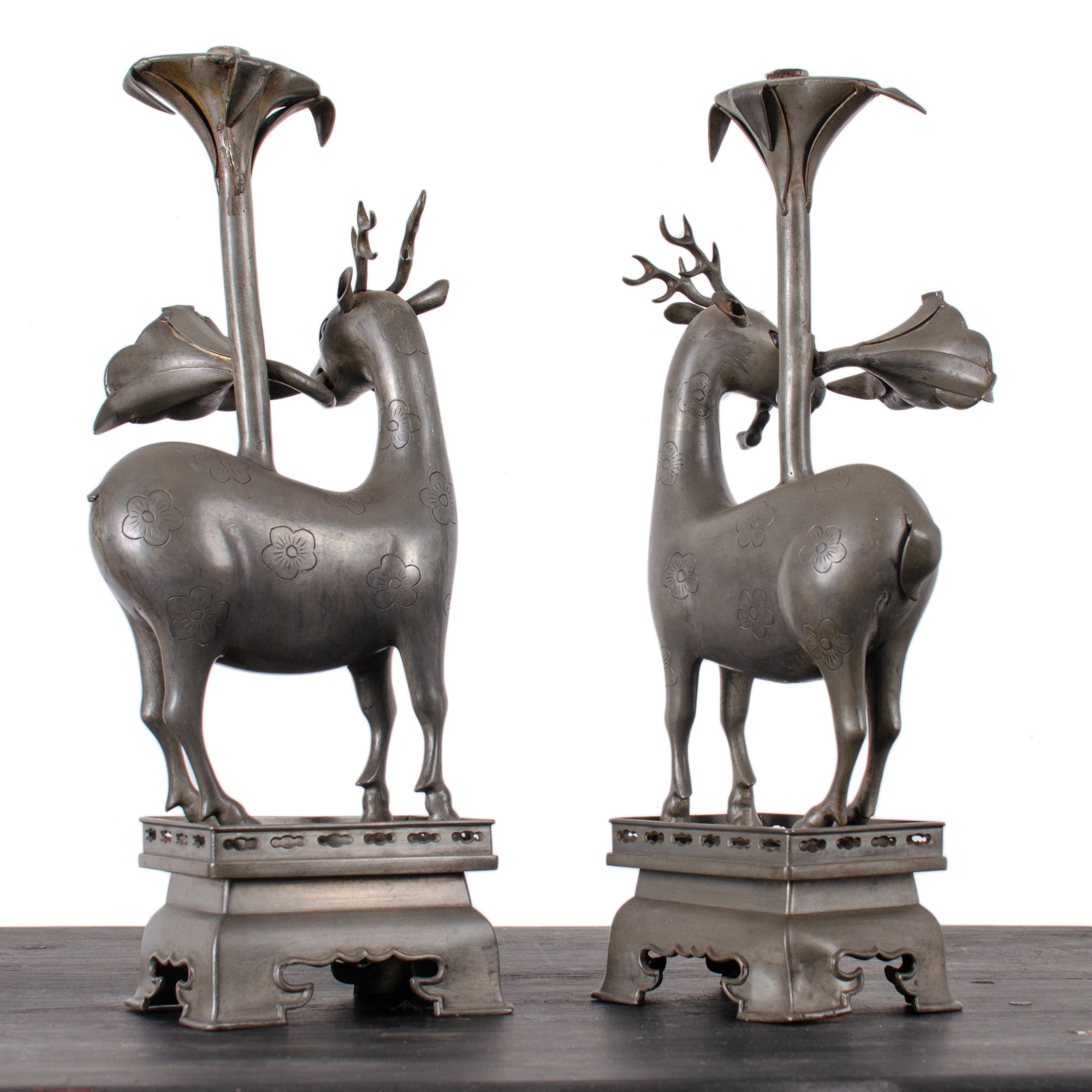 Pair of Chinese Pewter Deer-Form Candlesticks, Qing Dynasty