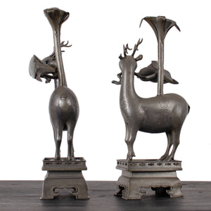 Pair of Chinese Pewter Deer-Form Candlesticks, Qing Dynasty