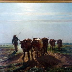 Barbizon School Oil Painting - Oxen Going to Plow in Morning