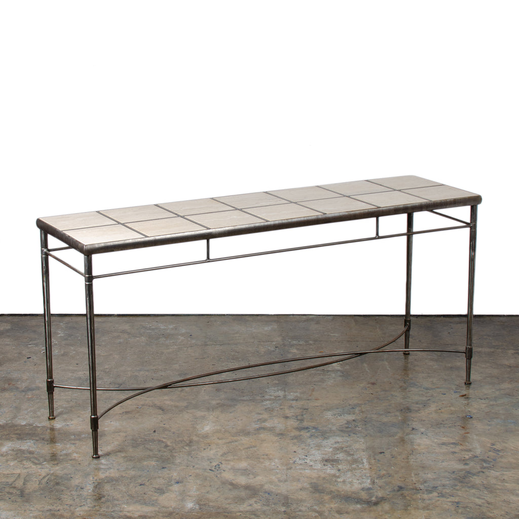 Italian Iron and Travertine Tile Console Table