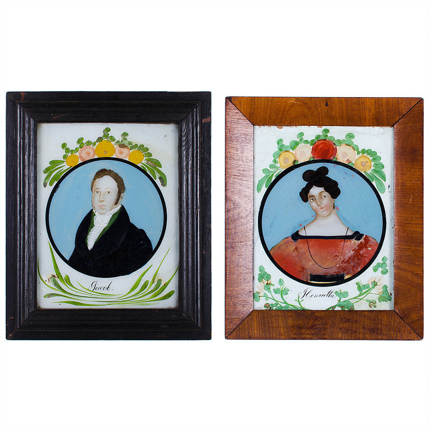 Antique Reverse-Painted Glass Portraits - A Pair
