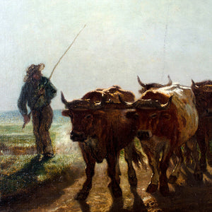 Barbizon School Oil Painting - Oxen Going to Plow in Morning