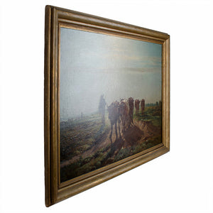 Barbizon School Oil Painting - Oxen Going to Plow in Morning