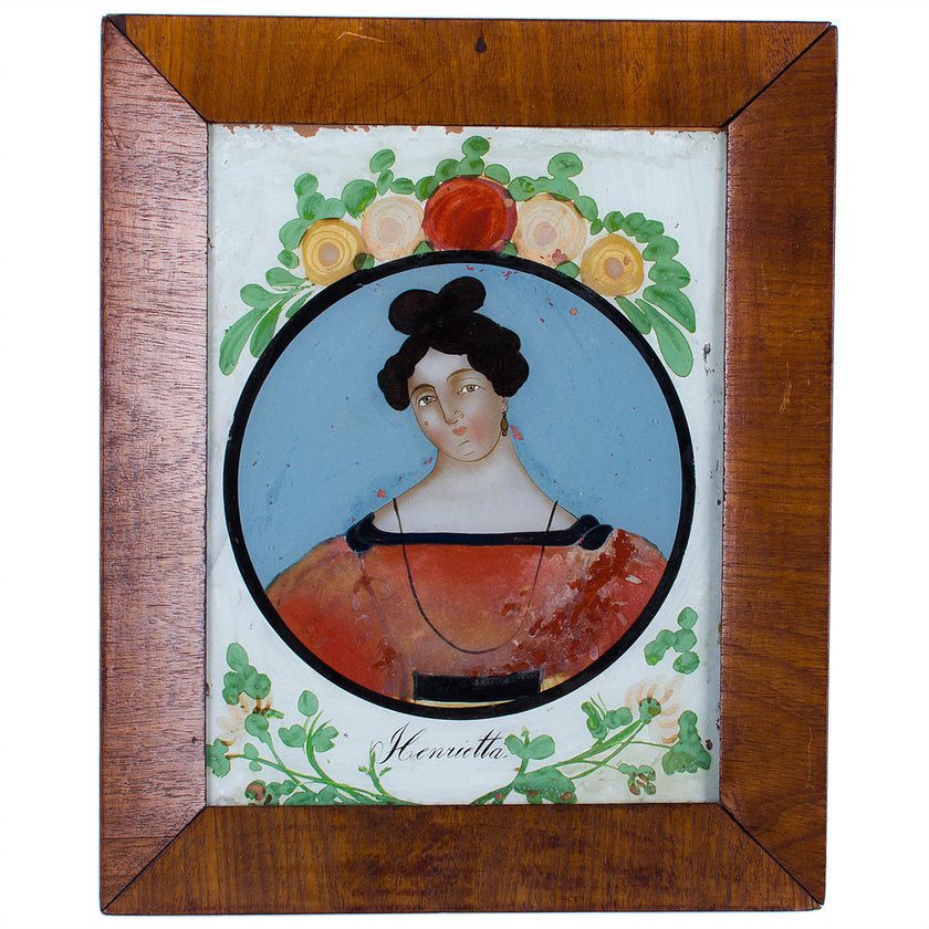 Antique Reverse-Painted Glass Portraits - A Pair