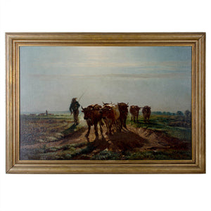 Barbizon School Oil Painting - Oxen Going to Plow in Morning