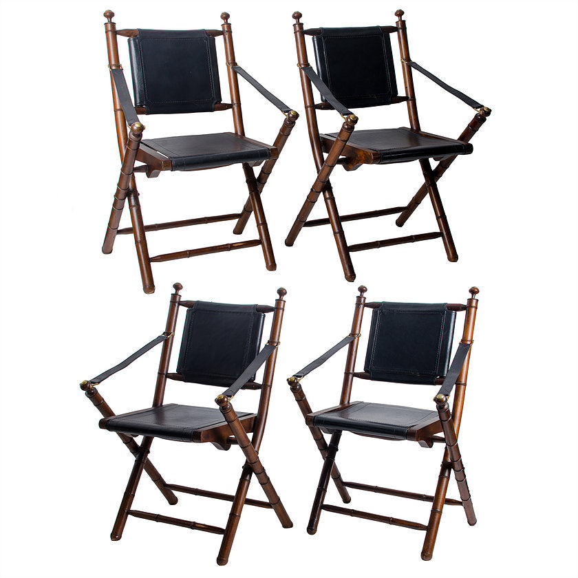 Folding Leather Campaign Chairs - Set of 4