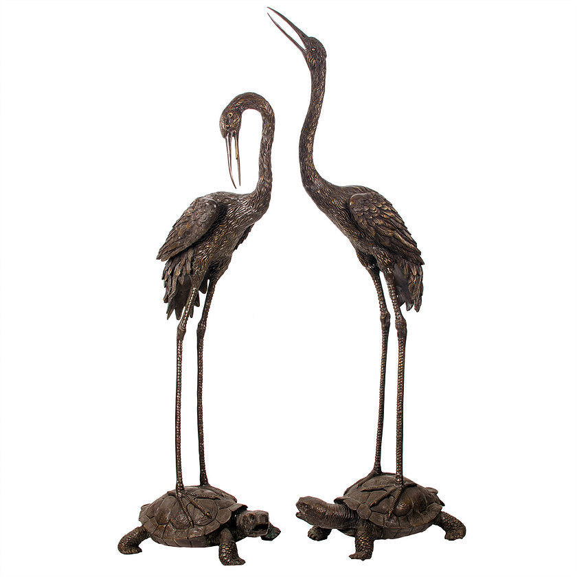 Crane and Tortoise Bronze Sculptures - a Pair