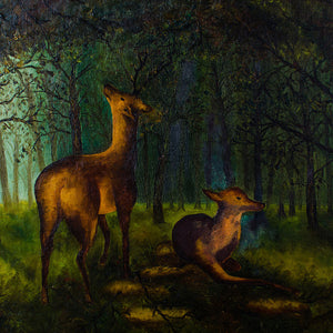 Deer in Forest, Oil on Panel, 1959