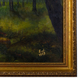 Deer in Forest, Oil on Panel, 1959