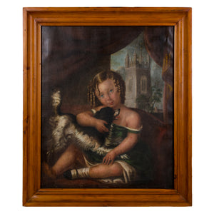 c.1840s American Portrait Painting Girl With Dog