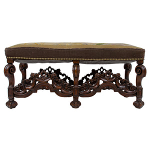 Charles II Style Needlepoint Carved Walnut Bench