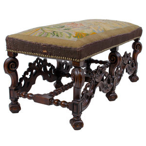 Charles II Style Needlepoint Carved Walnut Bench